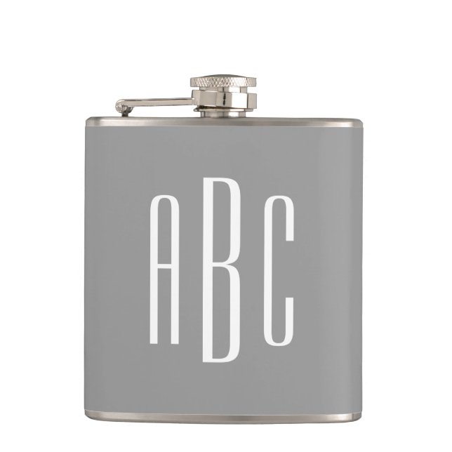 Modern Gray and White Simple Three Letter Monogram Flask (Front)