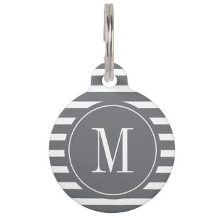 Modern Gray and White Stripe with Monogram Pet ID Tag