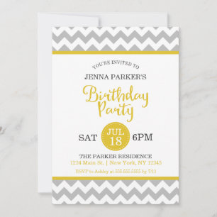 Modern Gray and Yellow Chevron Birthday Party Invitation