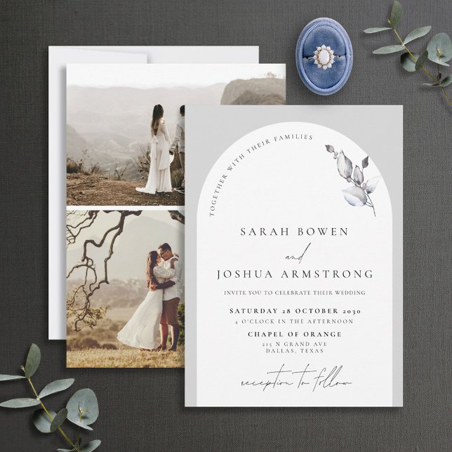Modern Gray Arch Botanical Script 3 Photo Wedding Invitation (Creator Uploaded)