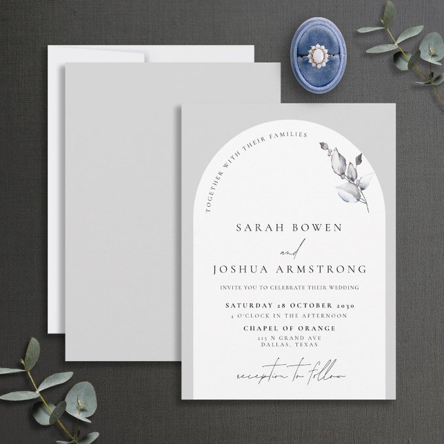 Modern Gray Arch Botanical Script Wedding Invitation (Creator Uploaded)