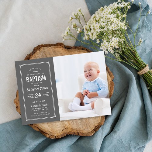 Modern Gray Baby Boy Photo Baptism Invitation