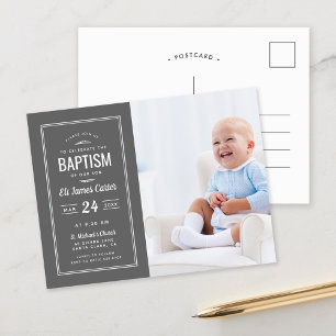 Modern Gray Baby Boy Photo Baptism Postcard