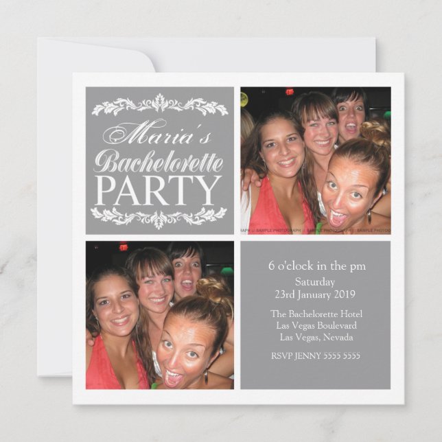 Modern Gray Bachelorette Party Photo Cards (Front)
