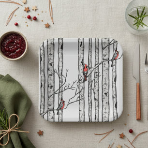Modern Gray Birch Trees and Red Cardinal Birds Paper Plates