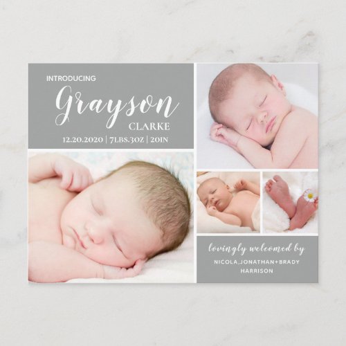 Modern Gray Birth Announcement Postcard