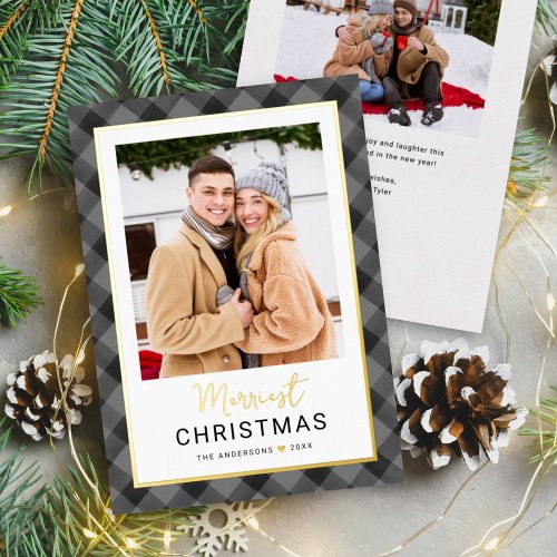Modern Gray Black Buffalo Plaid Christmas Photo Foil Holiday Card