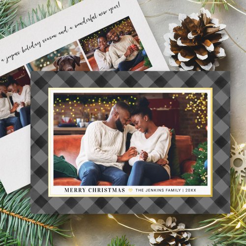 Modern Gray Black Buffalo Plaid Christmas Photo Foil Holiday Card