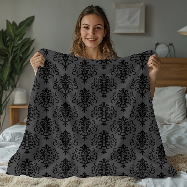 Modern Gray Black Damask Pattern Fleece Blanket (Creator Uploaded)