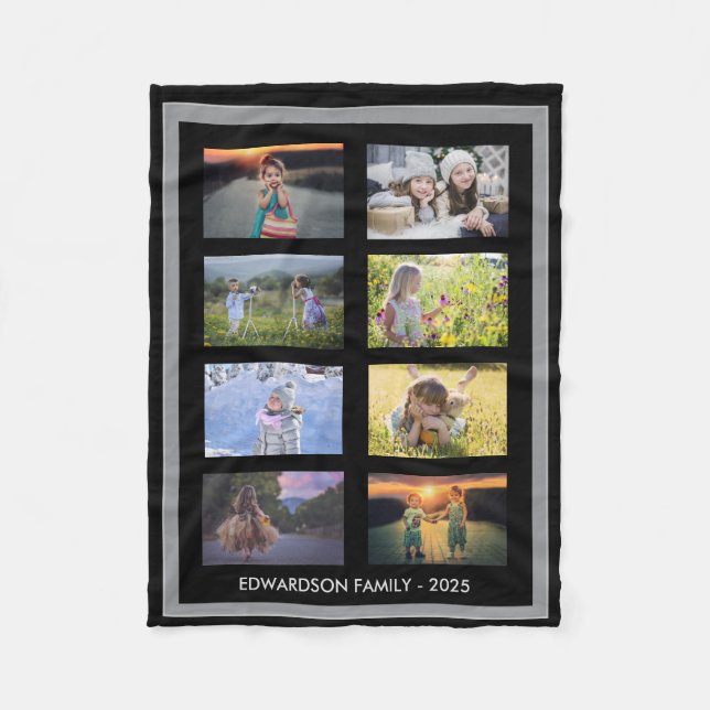 Modern gray black family photo collage monogrammed fleece blanket (Front)