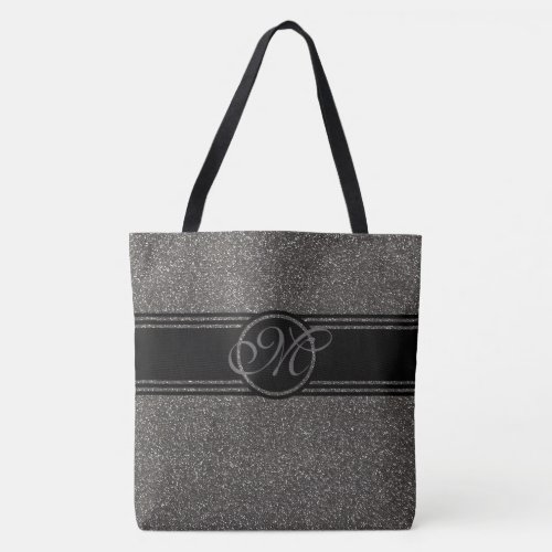 Modern Gray Black Glitter Monogram Large Tote Bag