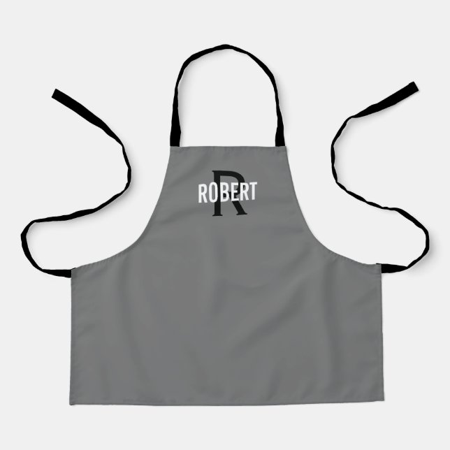 Modern gray black monogram boy name apron (Front)