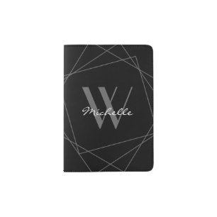 Modern Gray Black Monogram Script Name Stylish Passport Holder