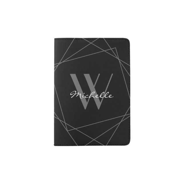 Modern Gray Black Monogram Script Name Stylish Passport Holder (Front)