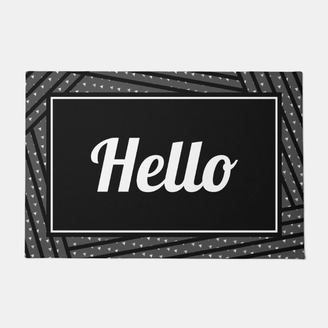 Modern Gray & Black Stripe & Triangle Hello Script Doormat (Front)