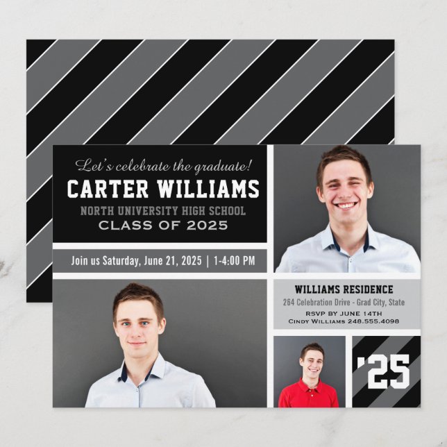 Modern Gray Black Striped Graduation Photo Collage Invitation (Front/Back)