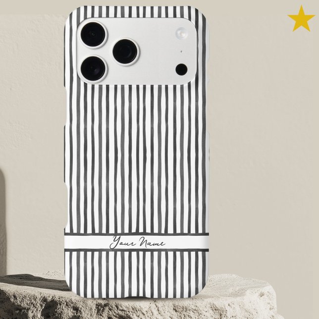 Modern Gray Black Watercolor Stripes Custom Name  iPhone Case (Creator Uploaded)