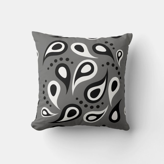 Modern Gray Black White Paisley Throw Pillow (Front)