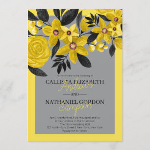 Modern Gray Black Yellow Floral Watercolor Wedding Invitation