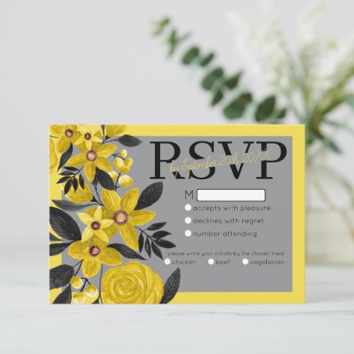 Modern Gray Black Yellow Floral Watercolor Wedding RSVP Card