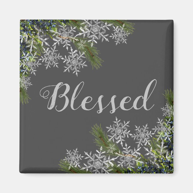 Modern Gray Blessed Snowflake & Pine Winter Magnet (Front)