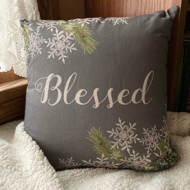 Modern Gray Blessed Winter Snowflake Throw Pillow (Creator Uploaded)