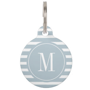 Modern Gray Blue and White Stripe with Monogram Pet ID Tag