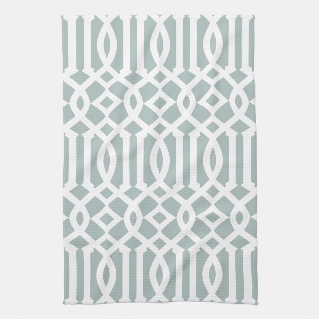 Modern Gray Blue and White Trellis Pattern Kitchen Towel (Vertical)