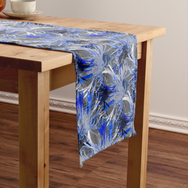 Modern Gray & Blue Artistic Floral Pattern Medium Table Runner (In Situ)