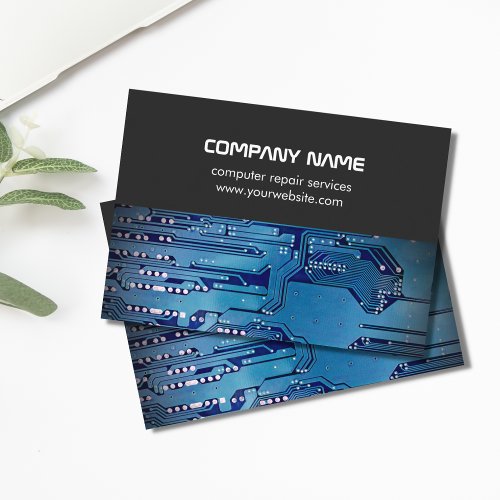 Modern Gray Blue Circuit Board Computer Repair Business Card