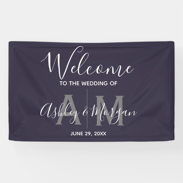 Modern Gray & Blue  Couple Monogram 36x24 Wedding  Banner (Horizontal)