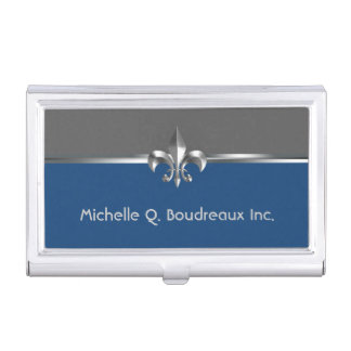 Modern Gray Blue Fleur de Lis Business Card Case