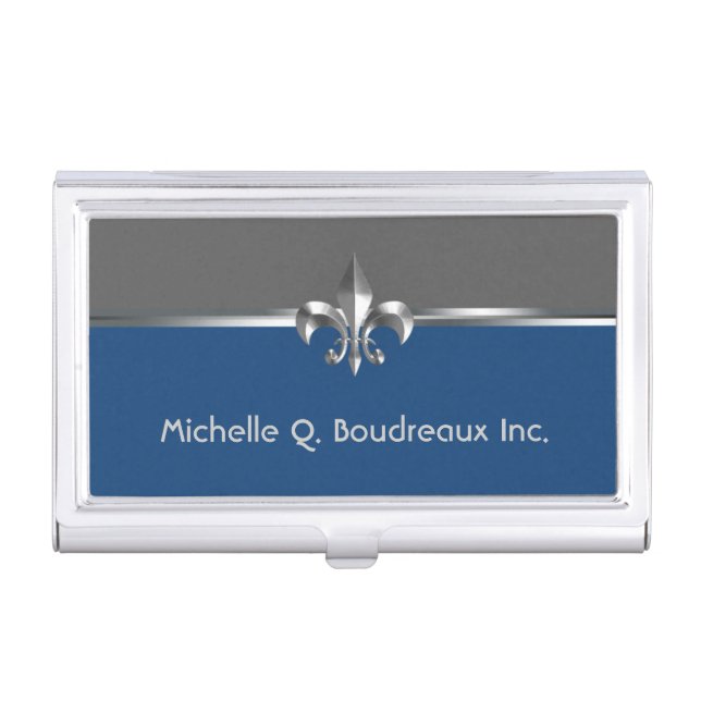 Modern Gray Blue Fleur de Lis Business Card Case (Front)