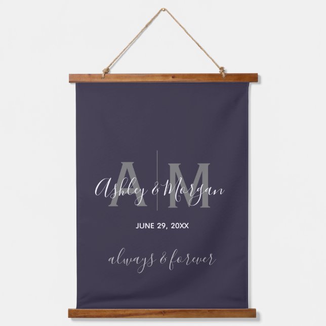 Modern Gray & Blue  Monogram Wedding   Hanging Tapestry (Front)