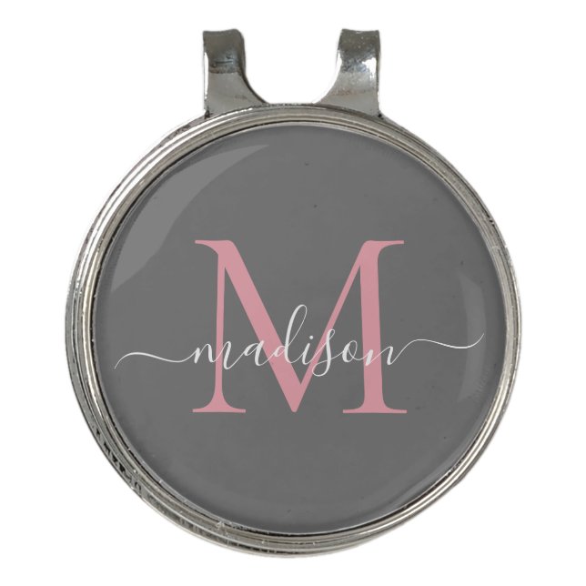 Modern Gray Blush Pink Monogram Feminine Script Golf Hat Clip (Front)