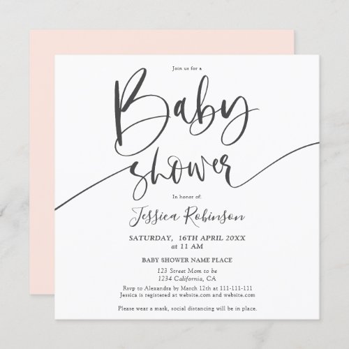 Modern gray blush pink script trendy baby shower invitation