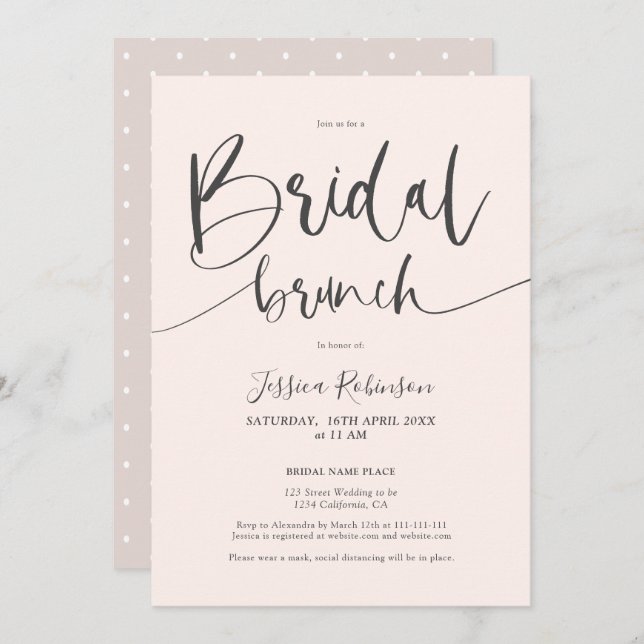 Modern gray blush pink script trendy bridal brunch invitation (Front/Back)