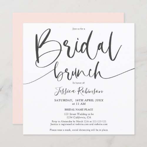 Modern gray blush pink script trendy bridal brunch invitation