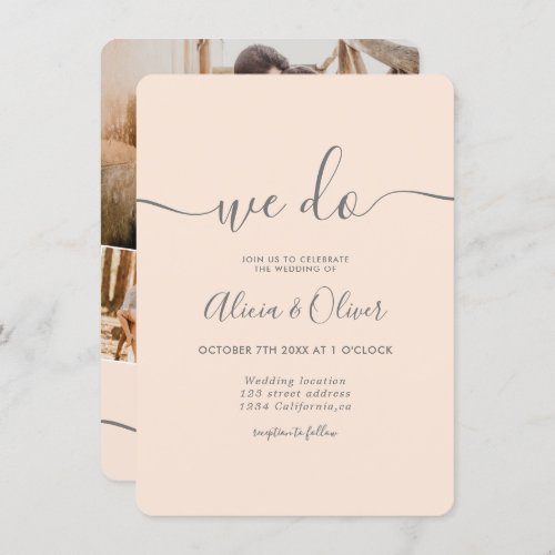 Modern gray blush script photo initials wedding invitation