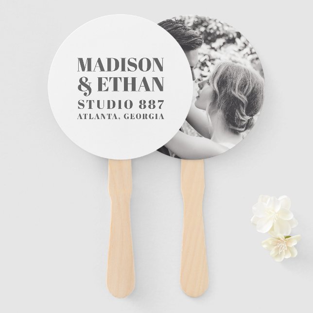 Modern Gray Bold Block Letters Photo Wedding Hand Fan (Front and Back)