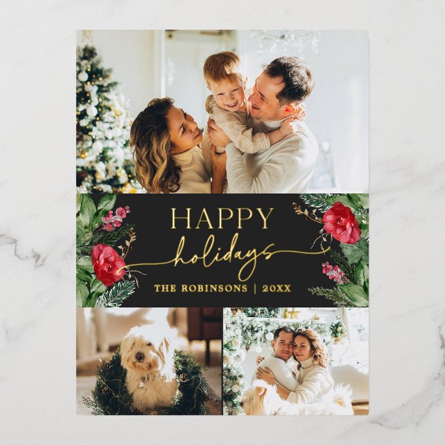 Modern Gray Botanical Foliage 3 Photo Foil Holiday Postcard (Front)