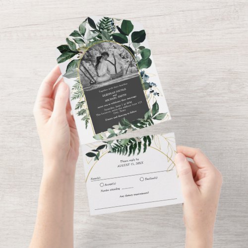 Modern Gray  Botanical Greenery photo wedding All In One Invitation