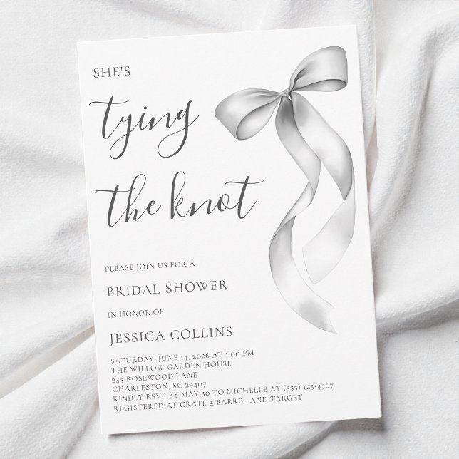 Modern Gray Bow She's Tying the Knot Bridal Shower Invitation (Modern Gray Bow She's Tying the Knot Bridal Shower Invitation)