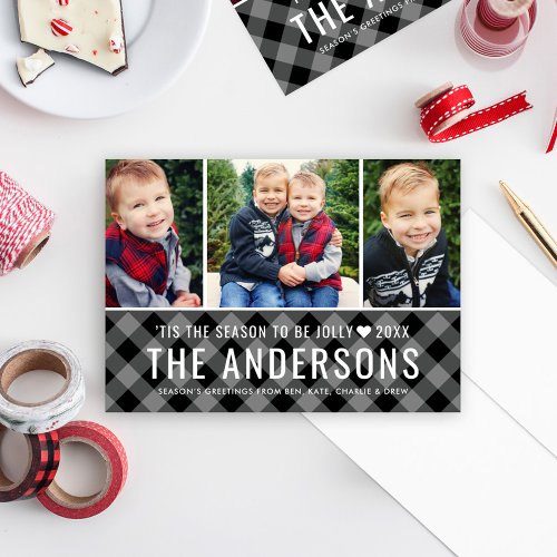 Modern Gray Buffalo Plaid Family Photo Collage Holiday Card