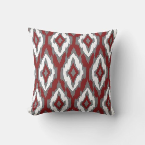 Modern gray burgundy white Ikat Tribal Pattern 1a Throw Pillow