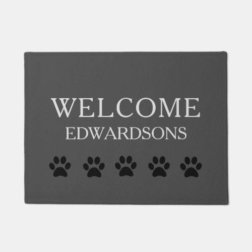 Modern gray burlap Welcome family name cat paws Doormat