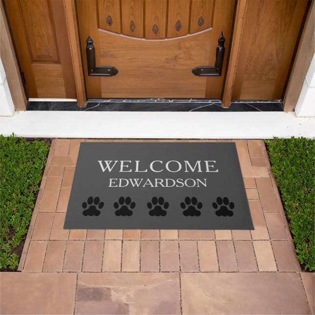 Modern gray burlap Welcome family name dog paws Doormat (Outdoor)