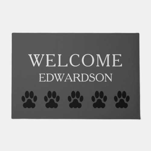 Modern gray burlap Welcome family name dog paws Doormat