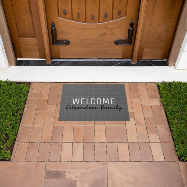 Modern gray burlap Welcome monogram family name Doormat (Outdoor)