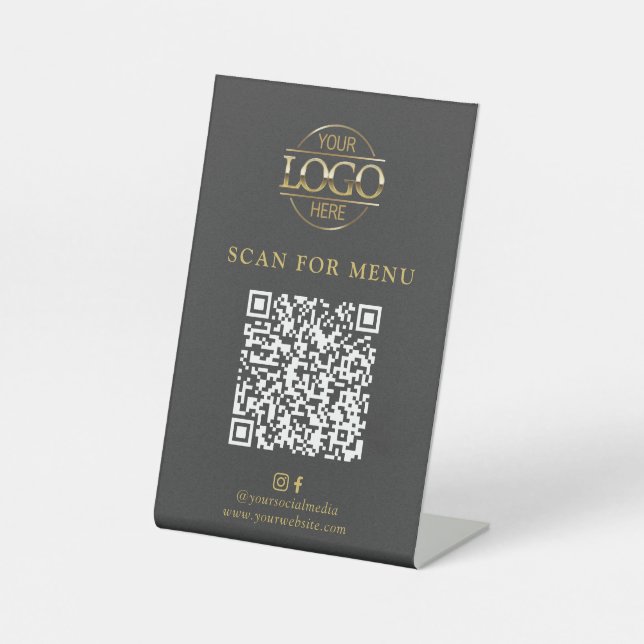 Modern Gray Business Logo Contactles QR Code Menu Pedestal Sign (Front)